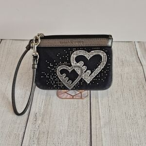 Coach Popy Black Wristlet with Silver Crystal Hearts